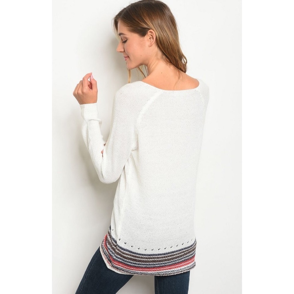 SWEATER W/ BROWN RED NAVY STRIPE HEM - Picture 3 of 3
